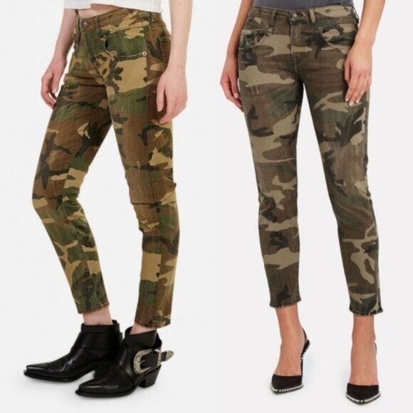 R13 $495 Boy Skinny Distressed Camo Print Jeans in Beige Camo size 27 Grunge